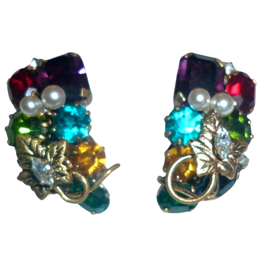 Vintage Made in Austria Rhinestone Faux Pearl Clip On Earrings Multi Color Leaf‎